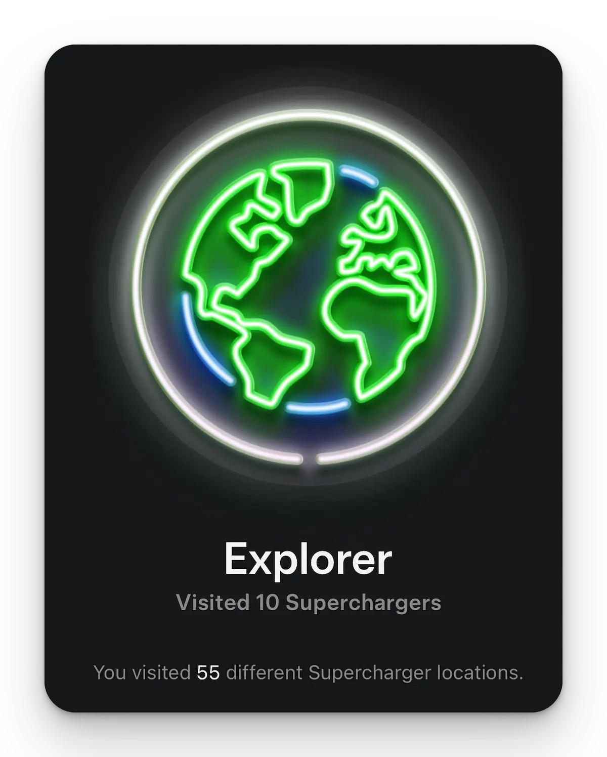 테슬라 Charging Passport Explorer 배지, 유럽 내 55개 슈퍼차저 스테이션 방문 기록