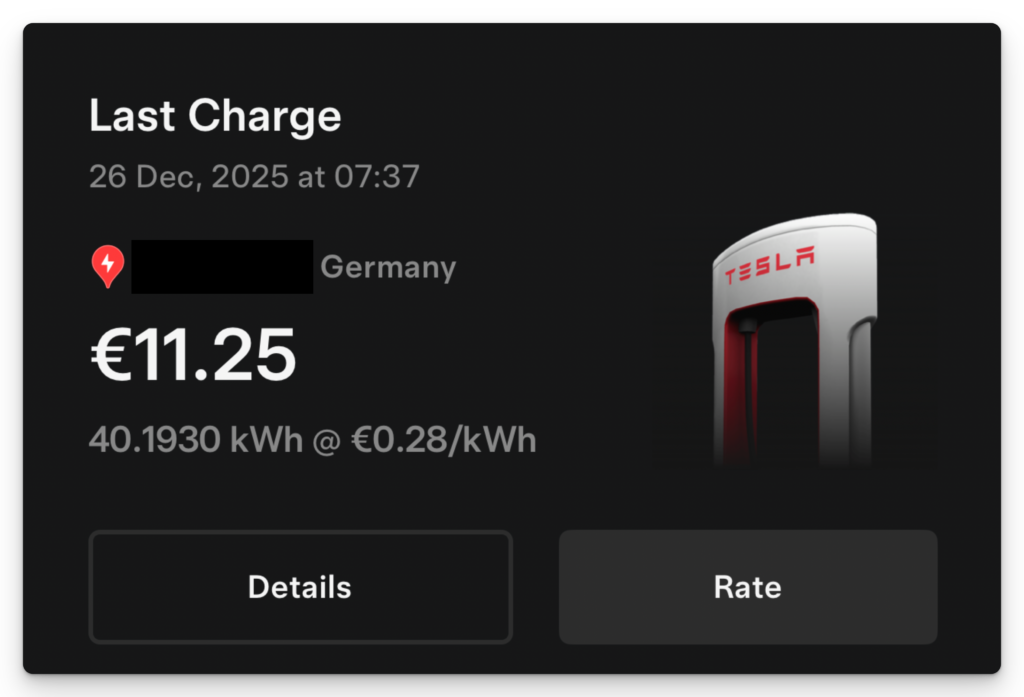 테슬라 슈퍼차저 조조할인 요금 40kWh 충전 11유로 결제 내역